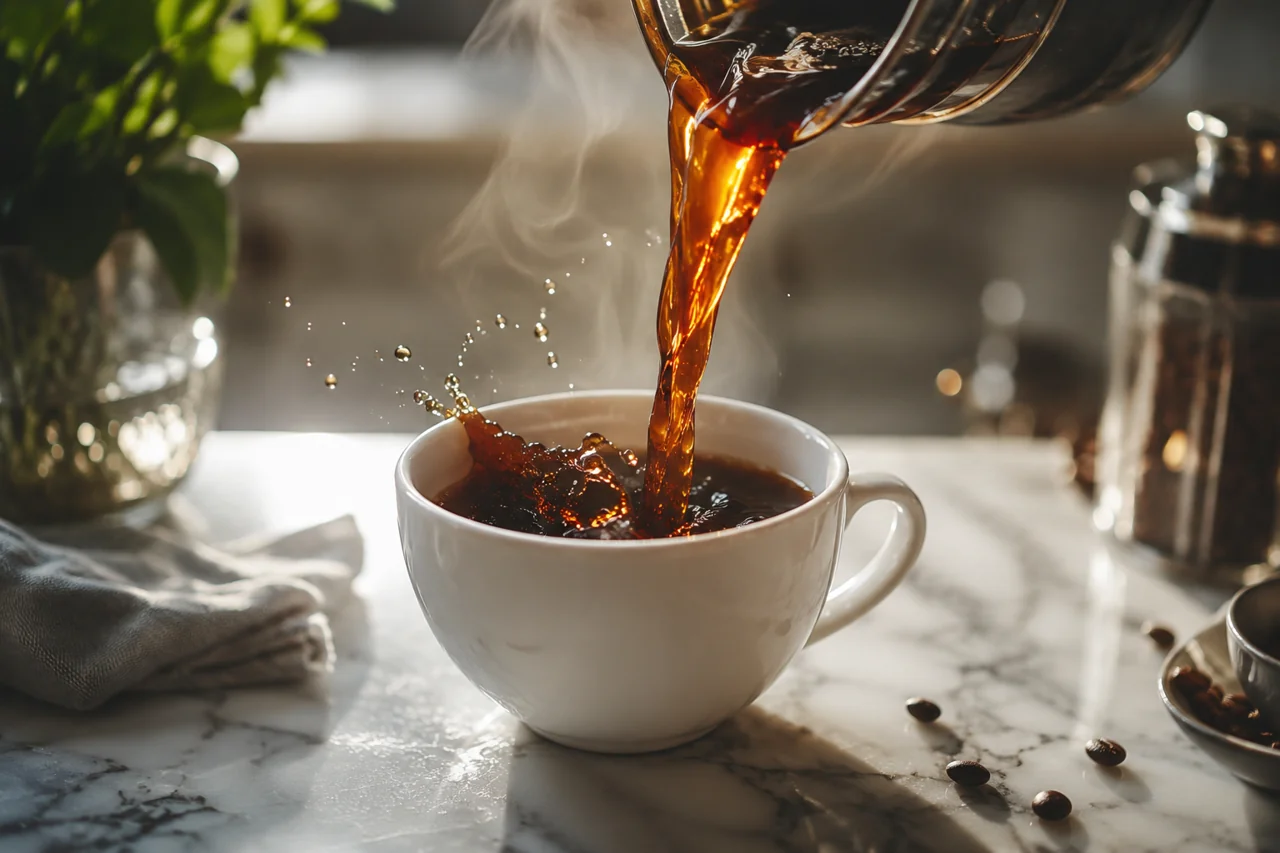 Kling 3.0 Turbo Produktwerbung Beispiel Kling 3.0 Turbo Werbebeispiel eines Kaffee-Eingusses in Zeitlupe in 1080p