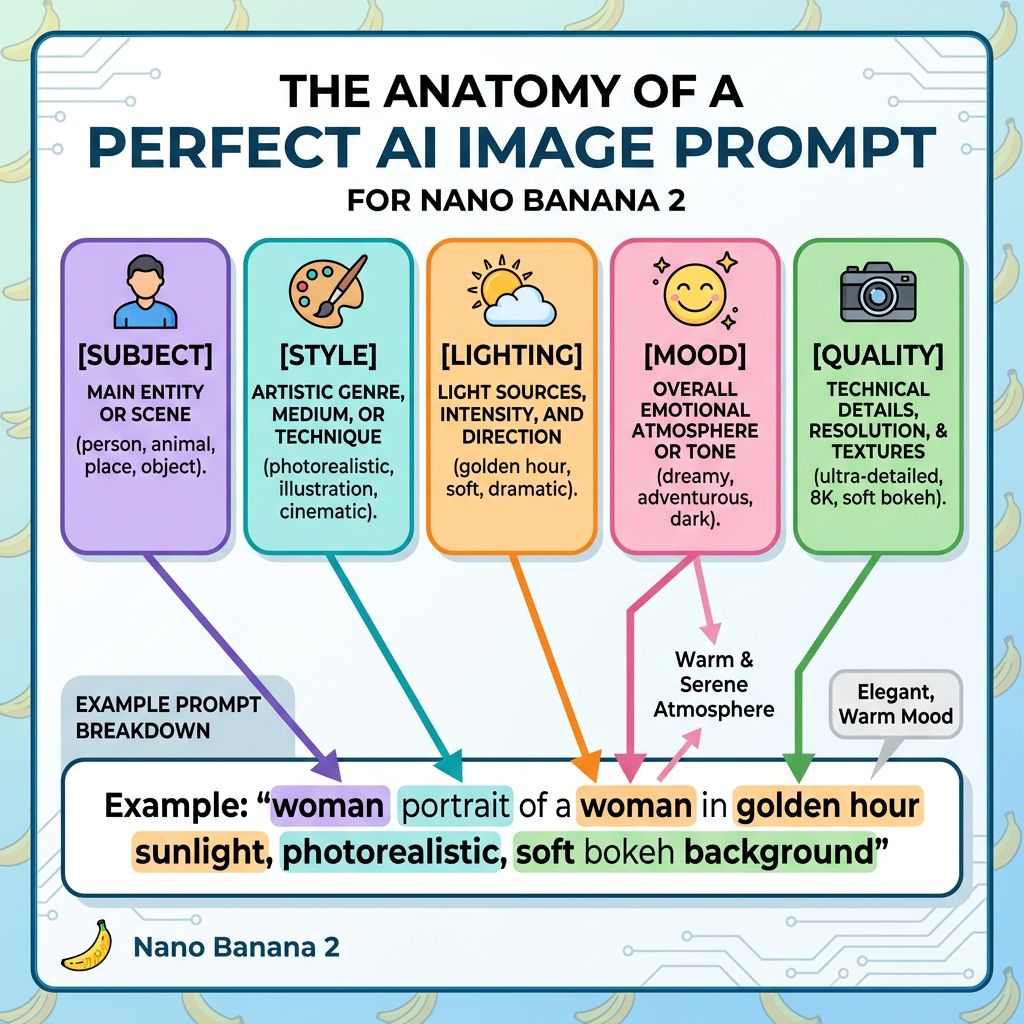 Guida all'anatomia dei prompt di Nano Banana 2 con soggetto, stile, illuminazione, atmosfera e qualità